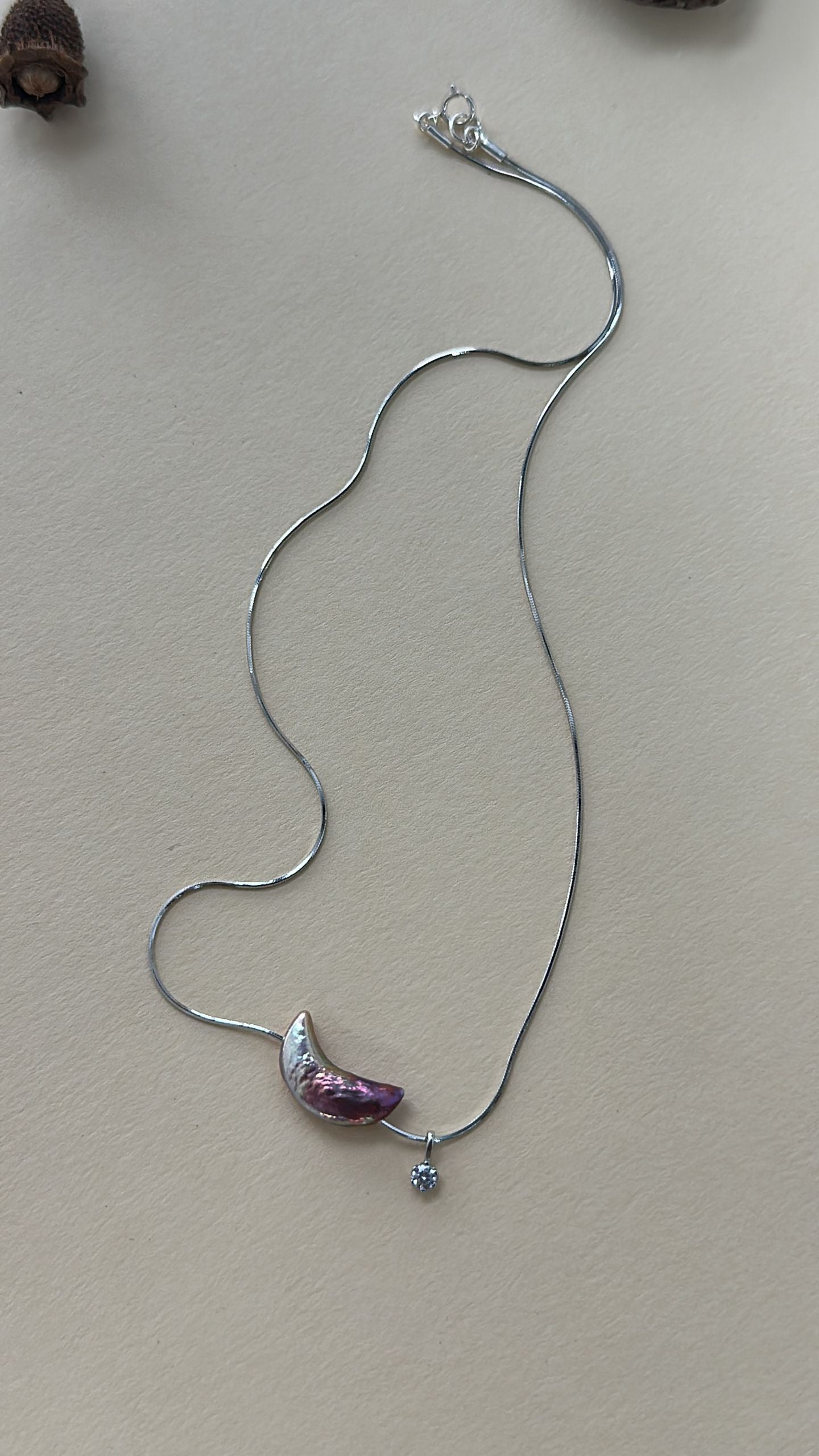 Iridescent Pearl Moon Pendant Necklace – Silver