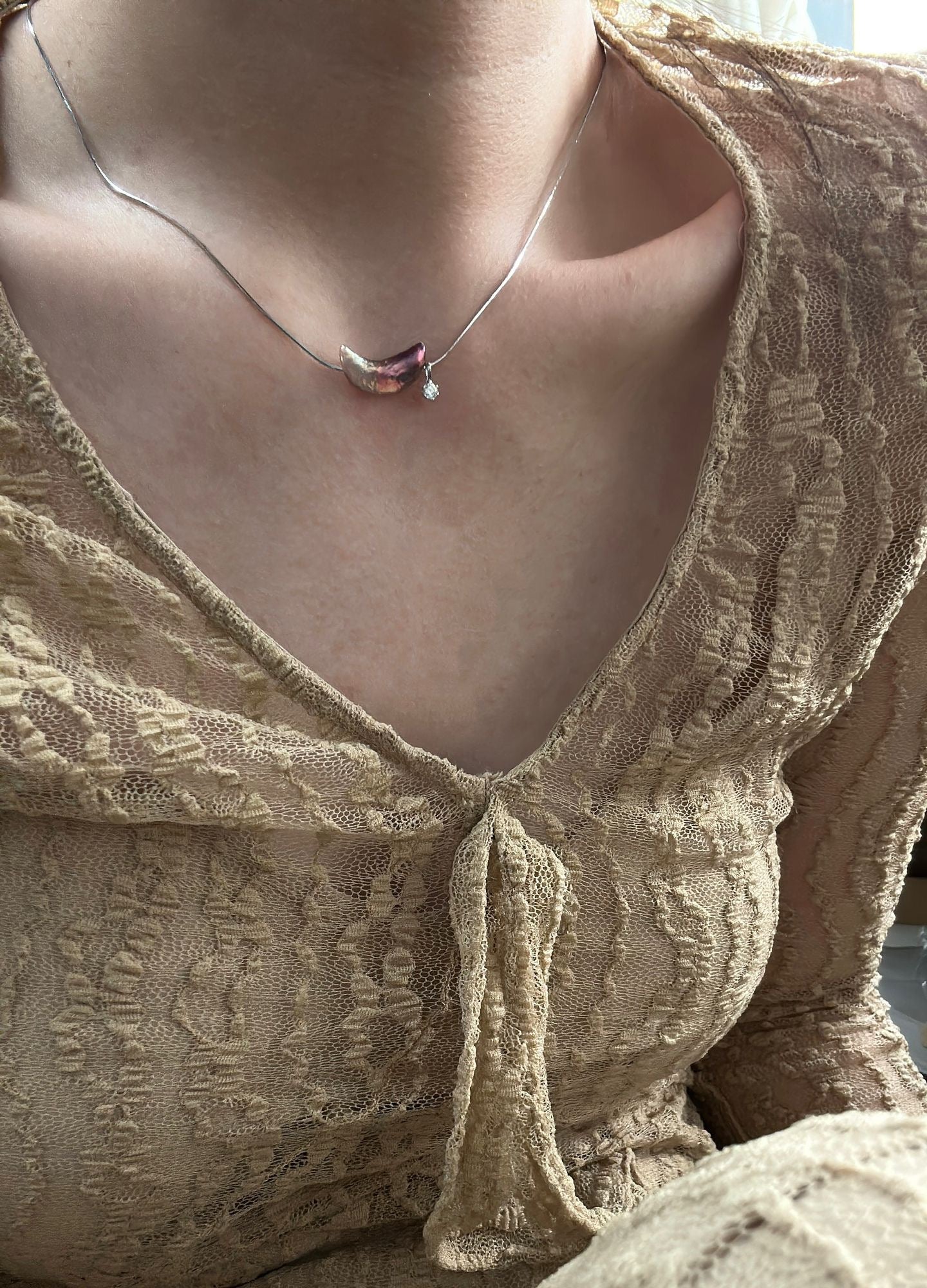 Iridescent Pearl Moon Pendant Necklace – Silver