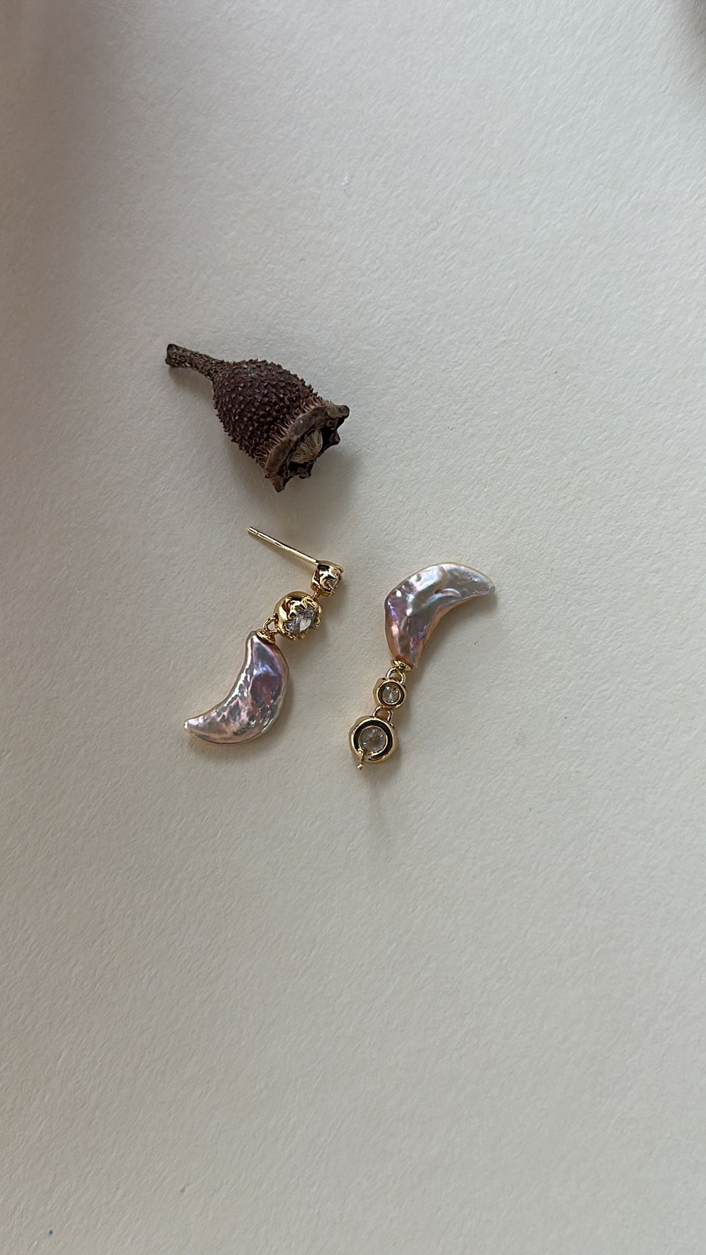 Asymmetric Pearl Moon Drop Earrings