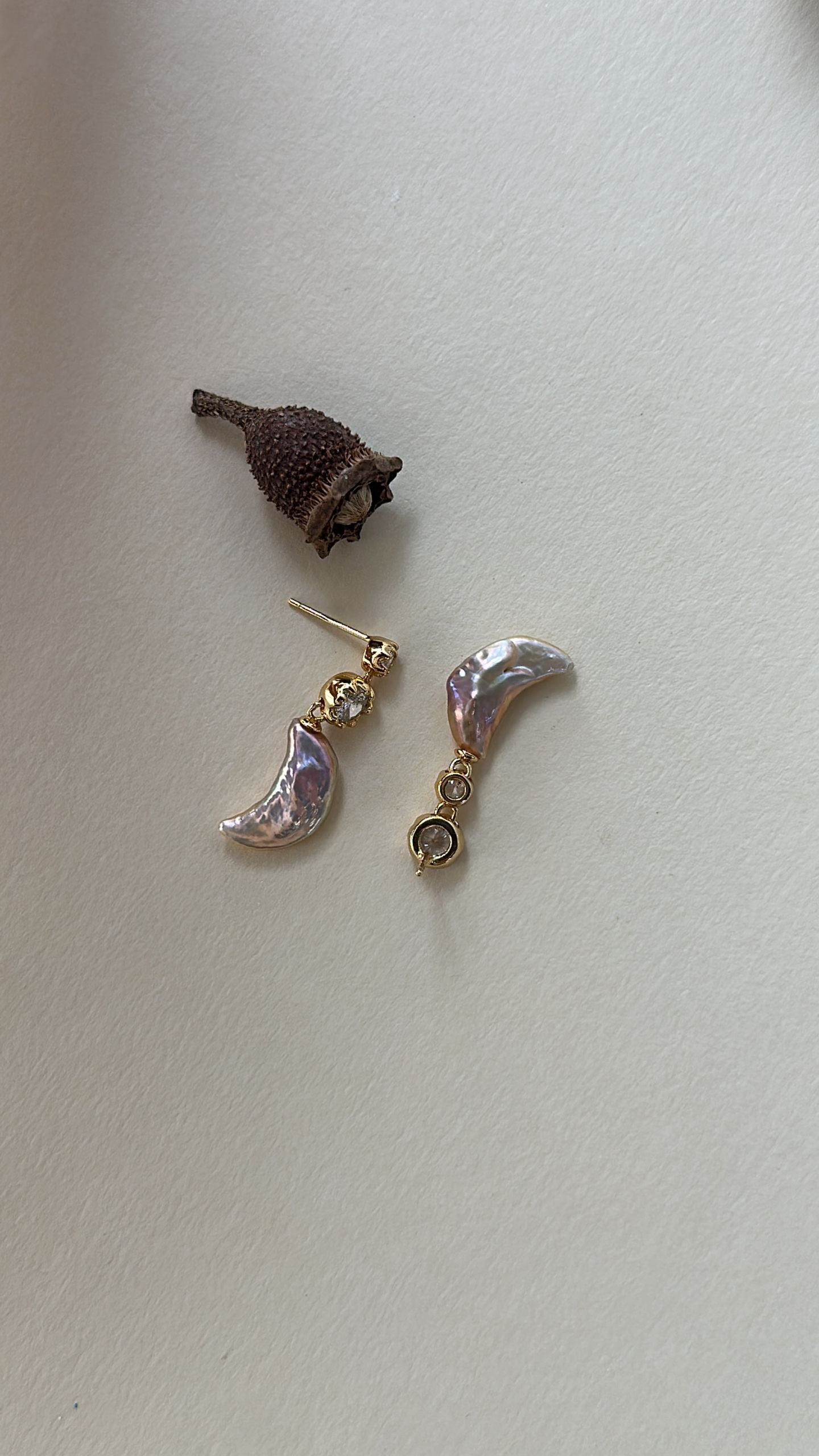 Asymmetric Pearl Moon Drop Earrings