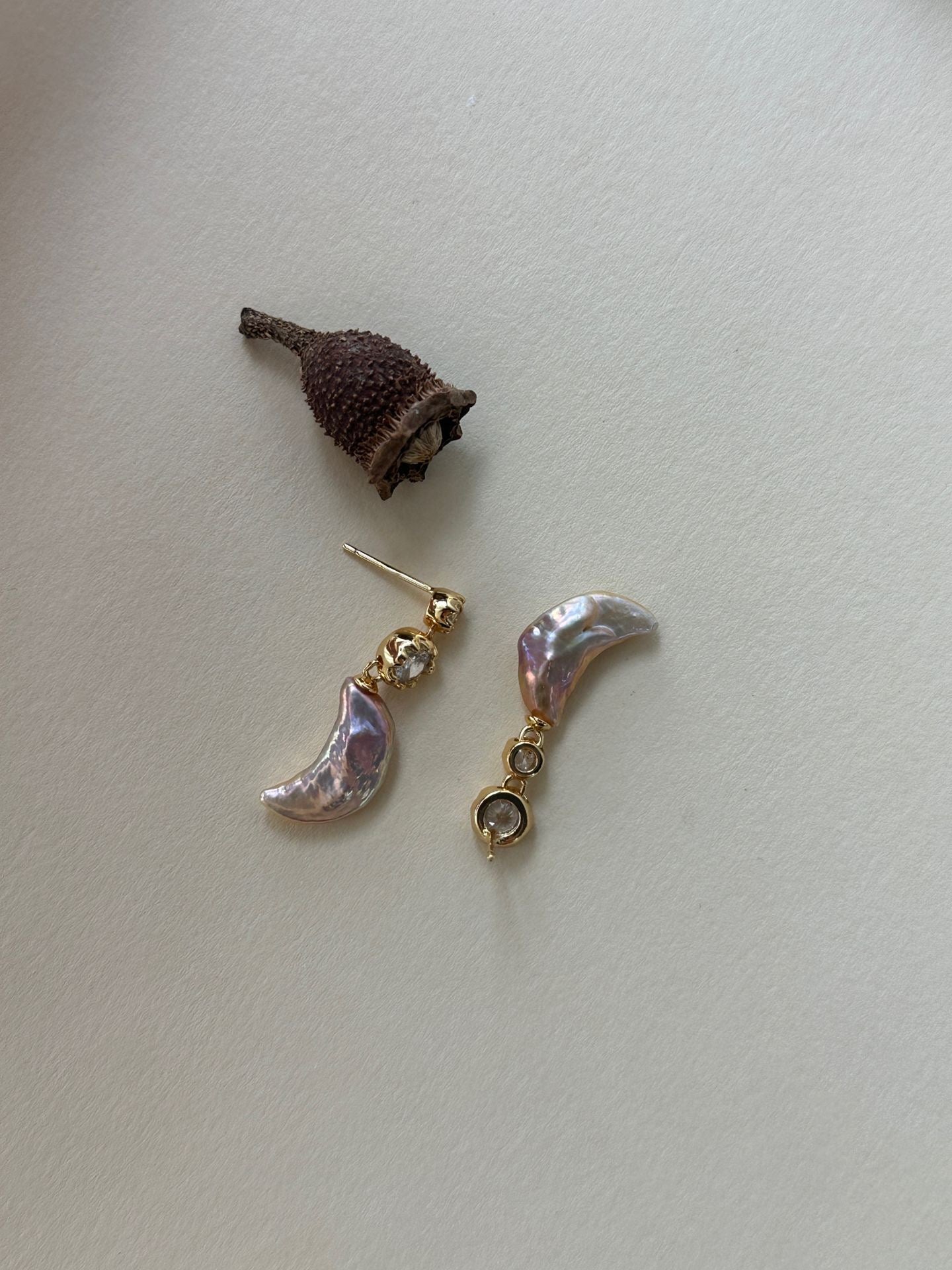 Asymmetric Pearl Moon Drop Earrings