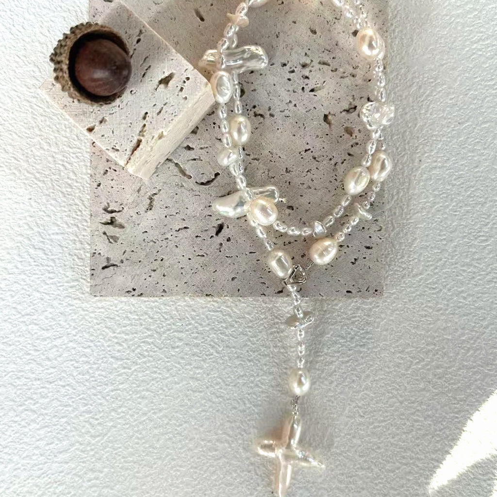 Celeste Silver Pearl Cross Necklace — product view 2