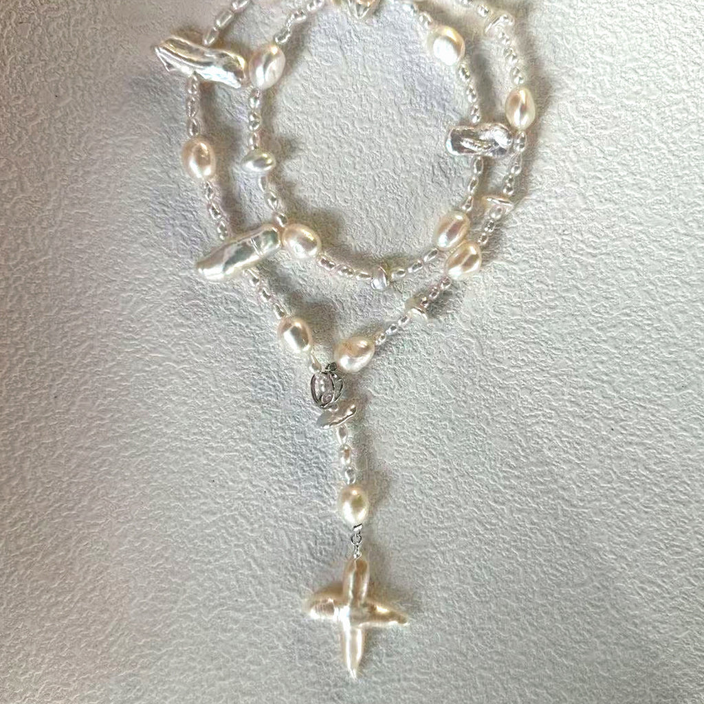 Celeste Silver Pearl Cross Necklace — product view 1