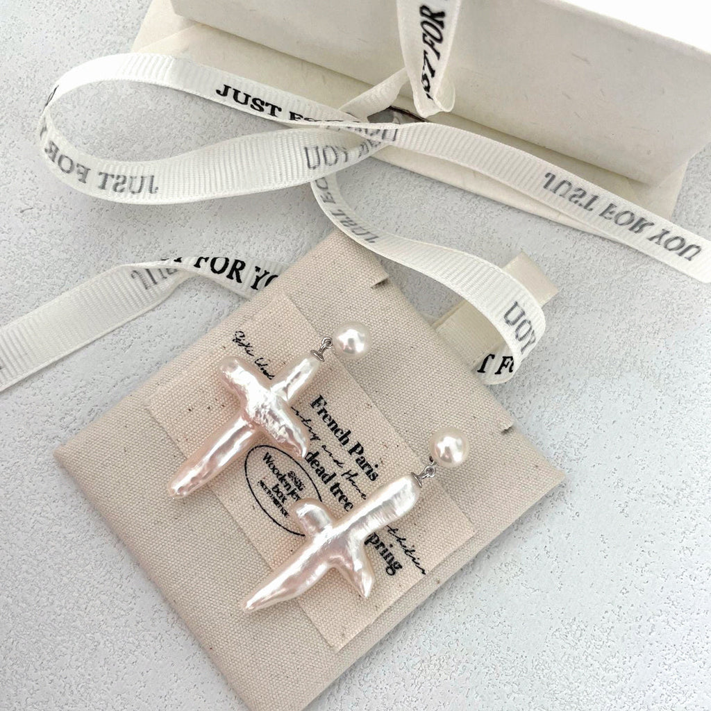Celeste Silver Cross Pearl Earrings — product view 1