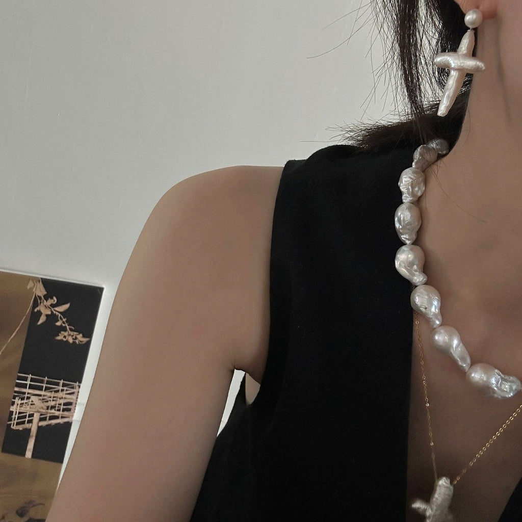 Celeste Silver Cross Pearl Earrings — product view 5