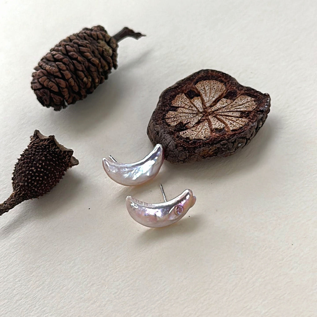 Selene Silver Moon Pearl Studs — product view 1